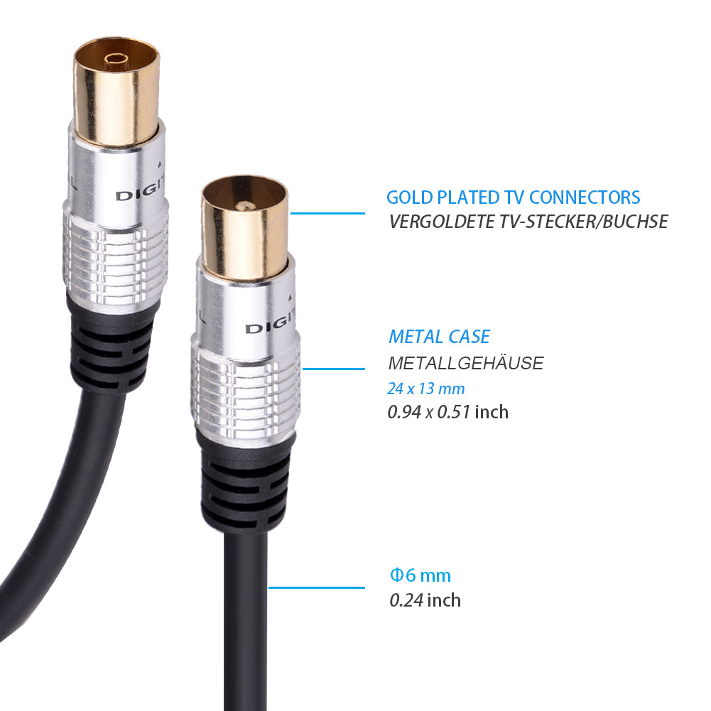 TV Antennenkabel Koax Stecker zu Koax Kupplung Premium OFC Koaxialkabel