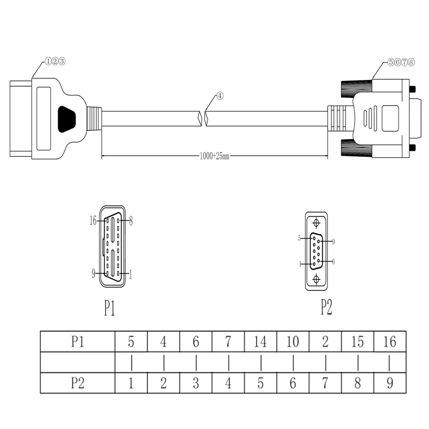 Diagnose-Verlängerungskabel, 16-poliges für OBD2-zu-RS232-DB9-Auto-Diagnose-Schnittstellenadapter-Verlängerungskabel-Anschluss für OBD-II-Motorsystem-Diagnosewerkzeuge