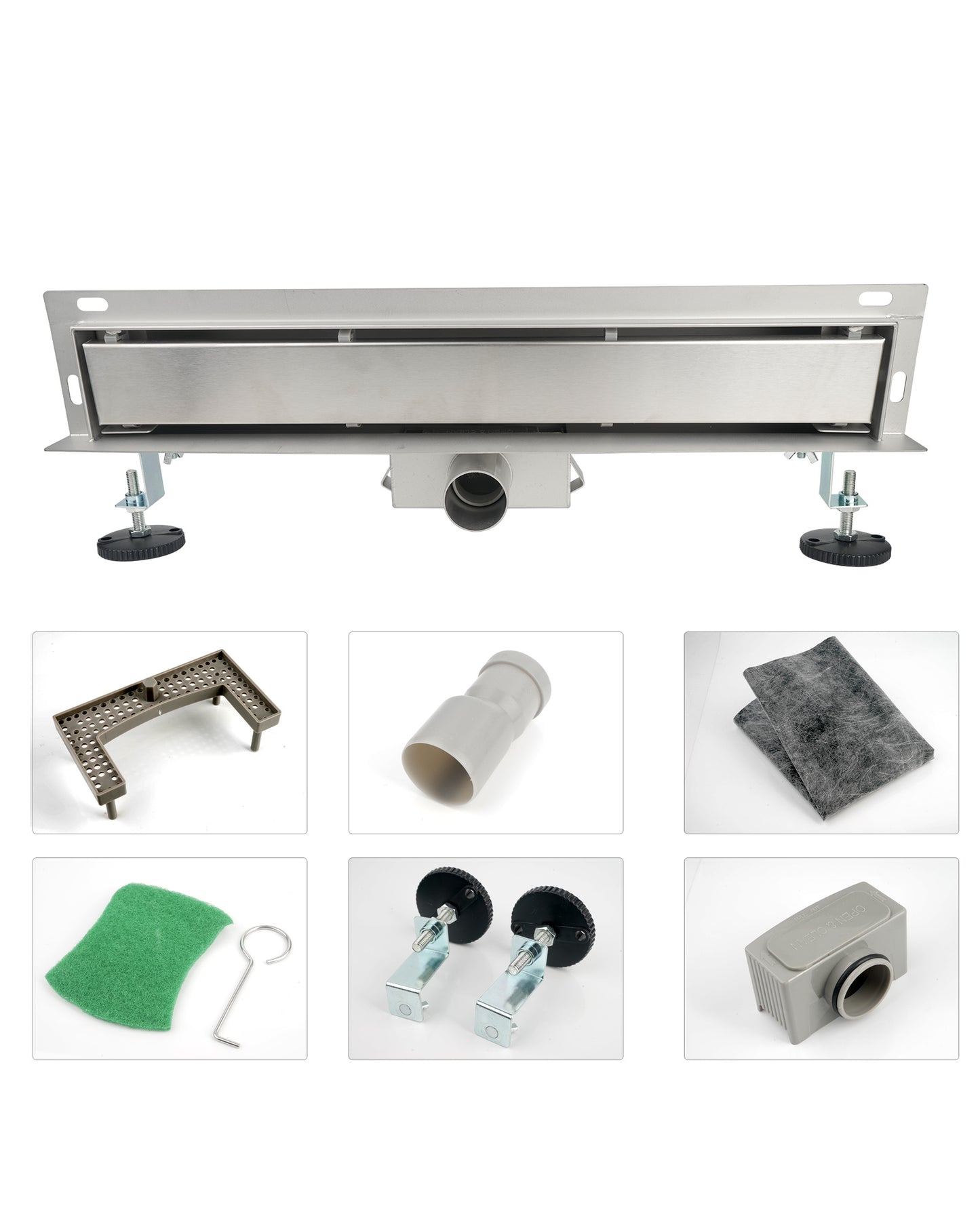 Duschrinne, Edelstahl Komplettset Wandablauf Wandmontage Befliesbar Haarsieb Rinne mit Siphon Montagefüße Inklusive Doppelkammer Bodenablauf