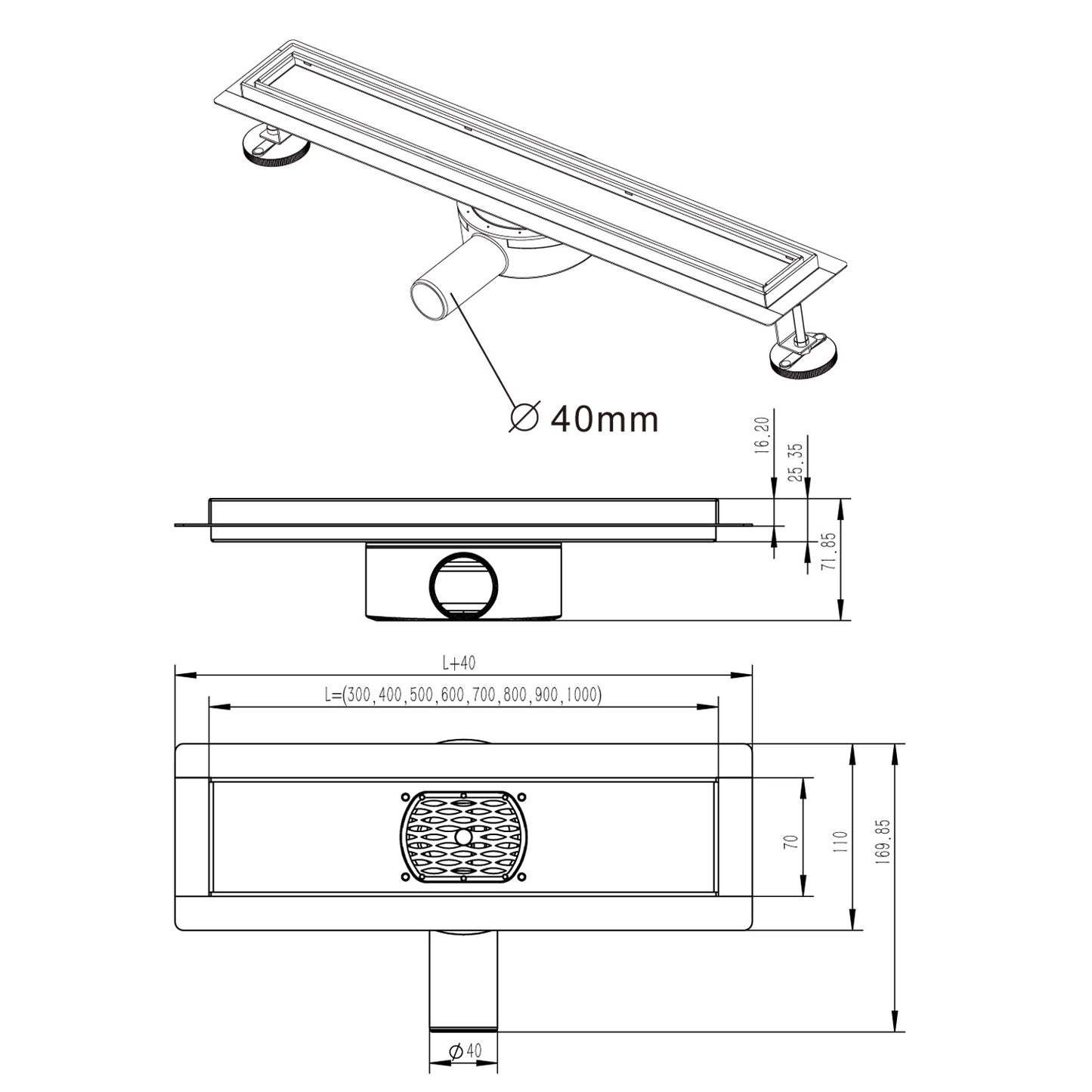 Edelstahl Duschrinne Bodenablauf Abflussrinne -360° 2 in 1 *befliesbar- Schwarz
