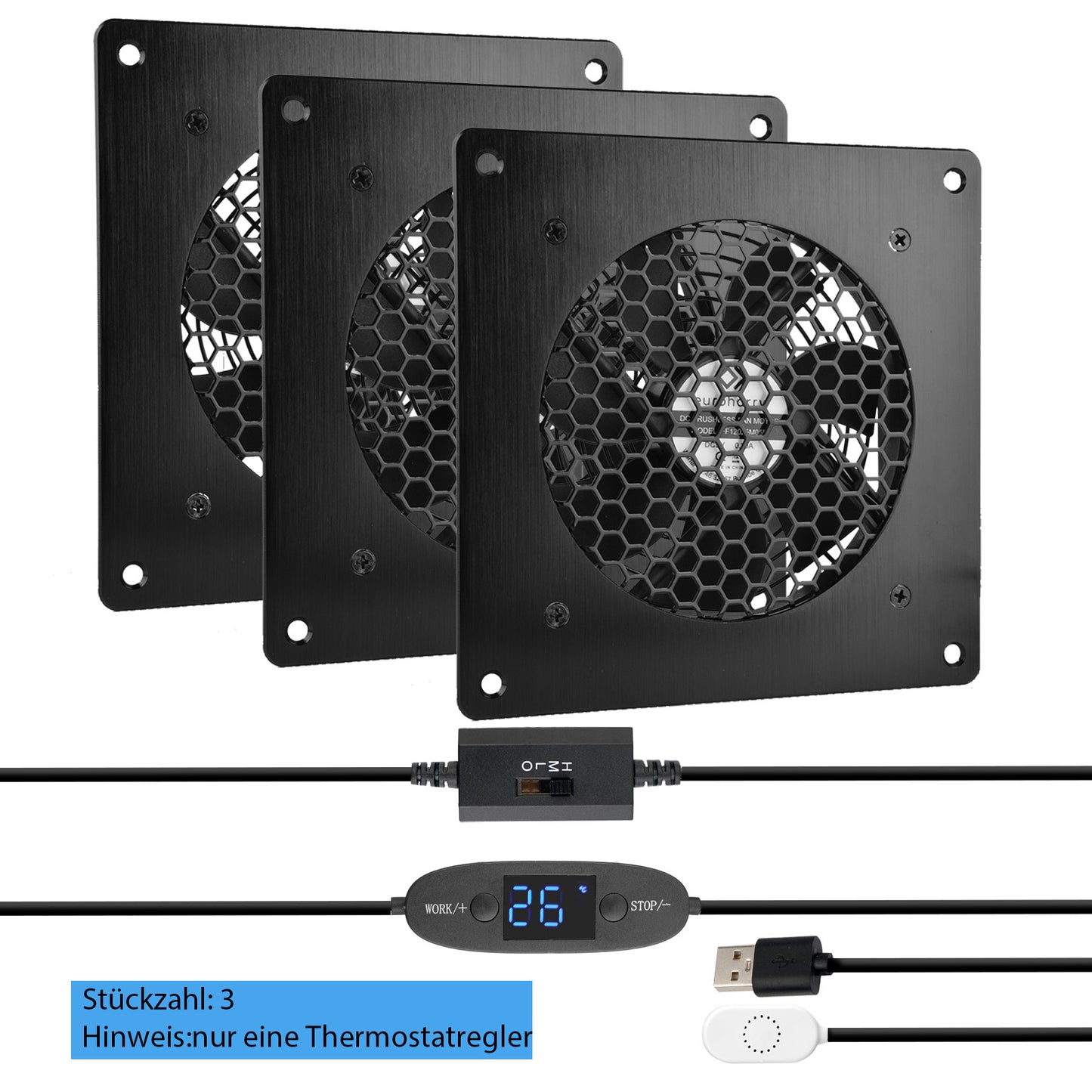 Digitalanzeige temperaturgesteuertes leises Lüftersystem, USB-Lüfter, 5V-Lüfter mit modernem gebürstetem schwarzem Aluminiumrahmen für Heimkino-AV-Schränke (euroharry) (Copy)
