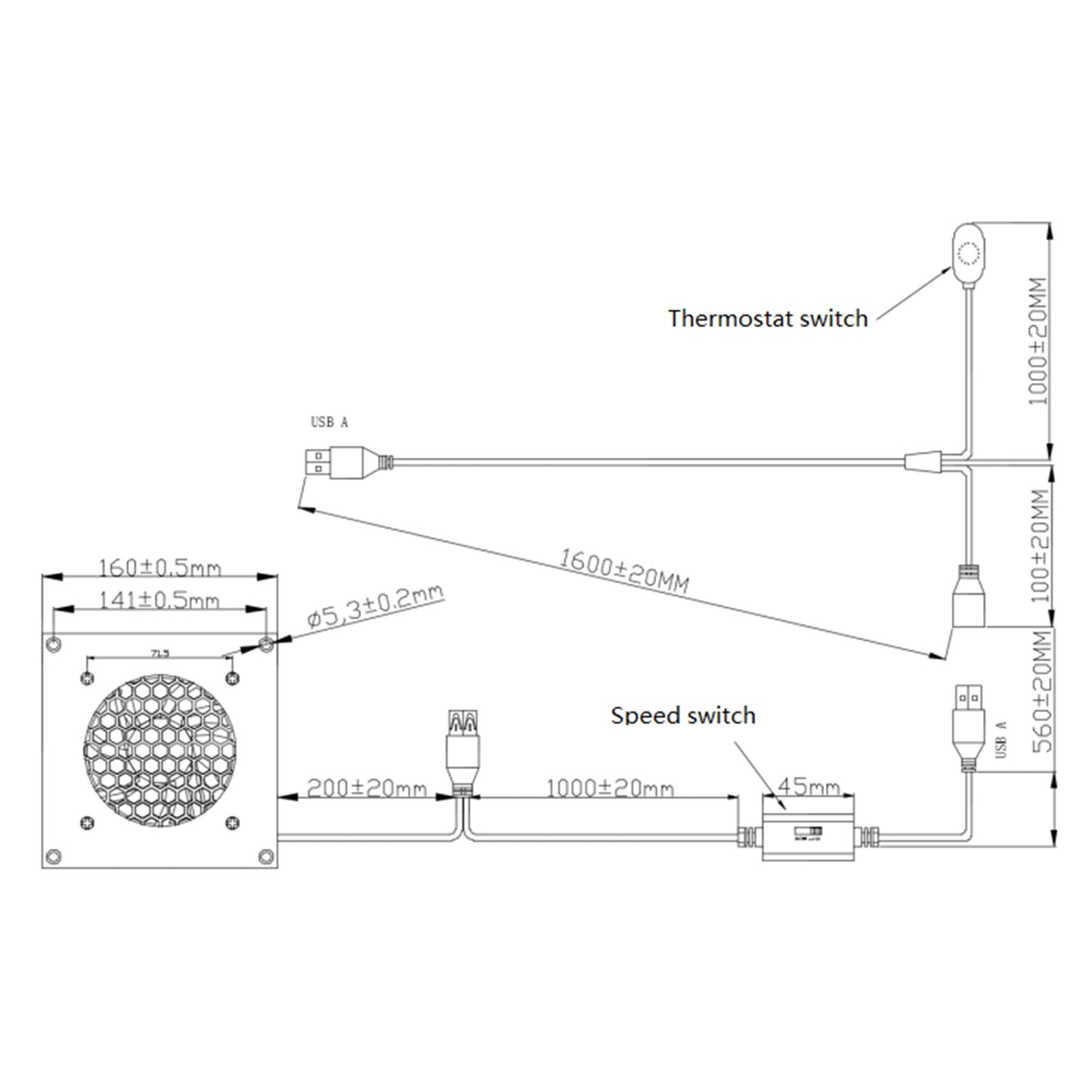 2xFestes Thermostat-Steuerung gesteuertes leises Lüftersystem, USB-Ventilator, 5V-Ventilator mit modernem gebürstetem schwarzem Aluminiumrahmen für Heimkino-AV-Schränke (Copy)