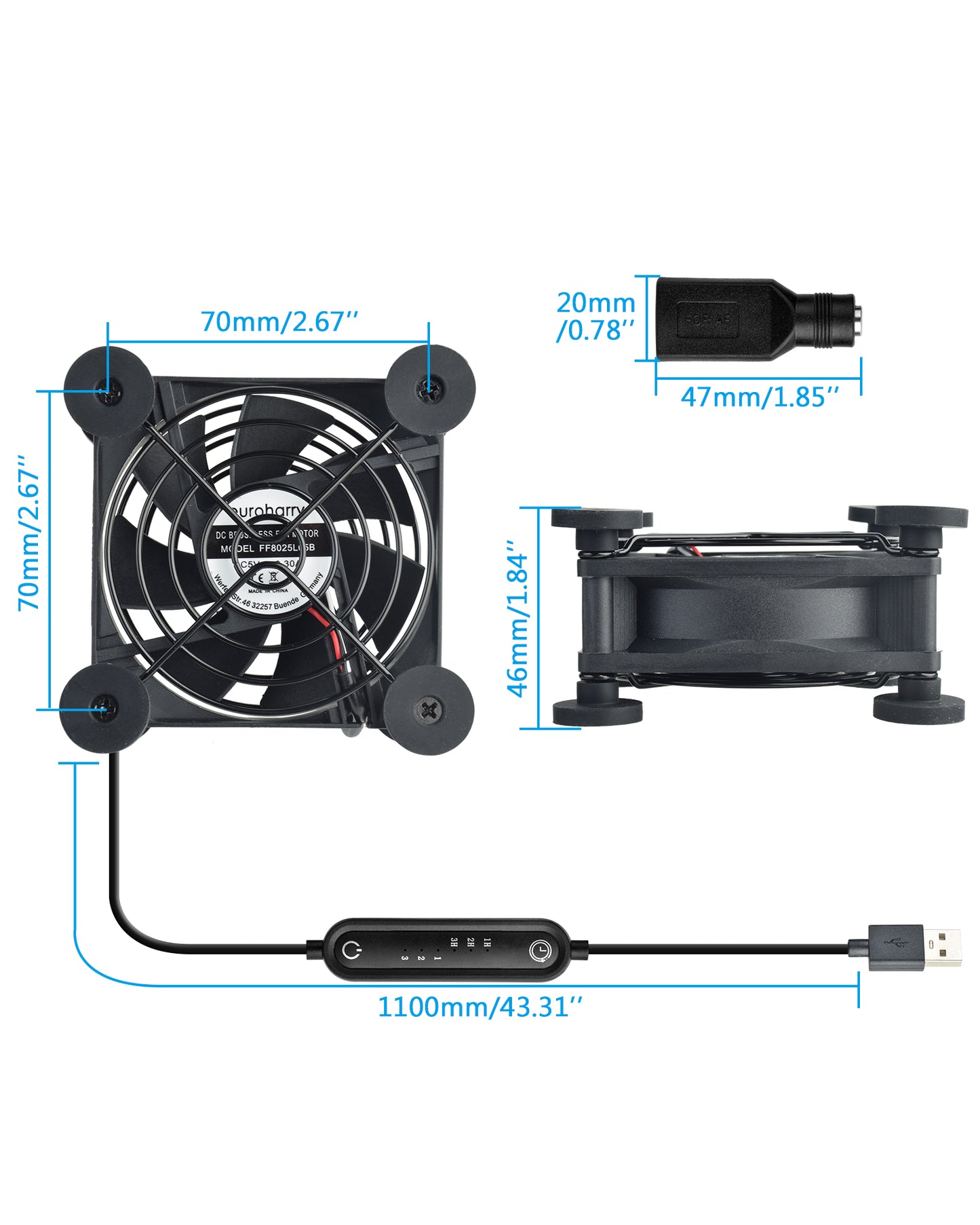 Euroharry USB 80mm leiser Ventilator, 6-Windgeschwindigkeiten und Smart Timing Controller, Motor Moisture Resistant (IPX5) Staubdicht, Breitspannungs-kompatible 5-12V Geeignet für elektronische Geräte, Haustiernester, Pflanzenräume