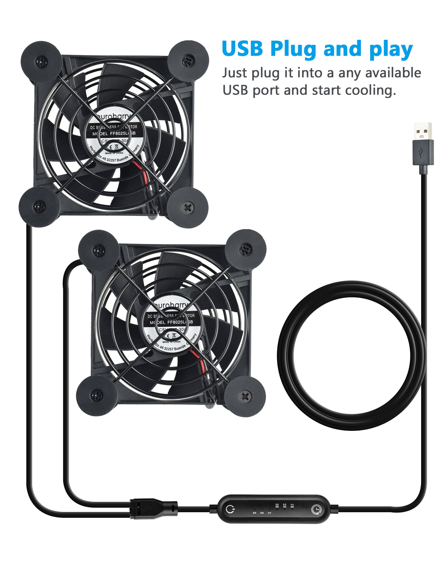 Euroharry USB 80mm Silent Fan 2-in-1, 6 Windgeschwindigkeiten und Smart Timing Controller, Motor Moisture Resistant (IPX5) Staubdicht, Breitspannungs-kompatibel 5-12V Geeignet für elektronische Geräte, Haustiernester, Pflanzenhäuser