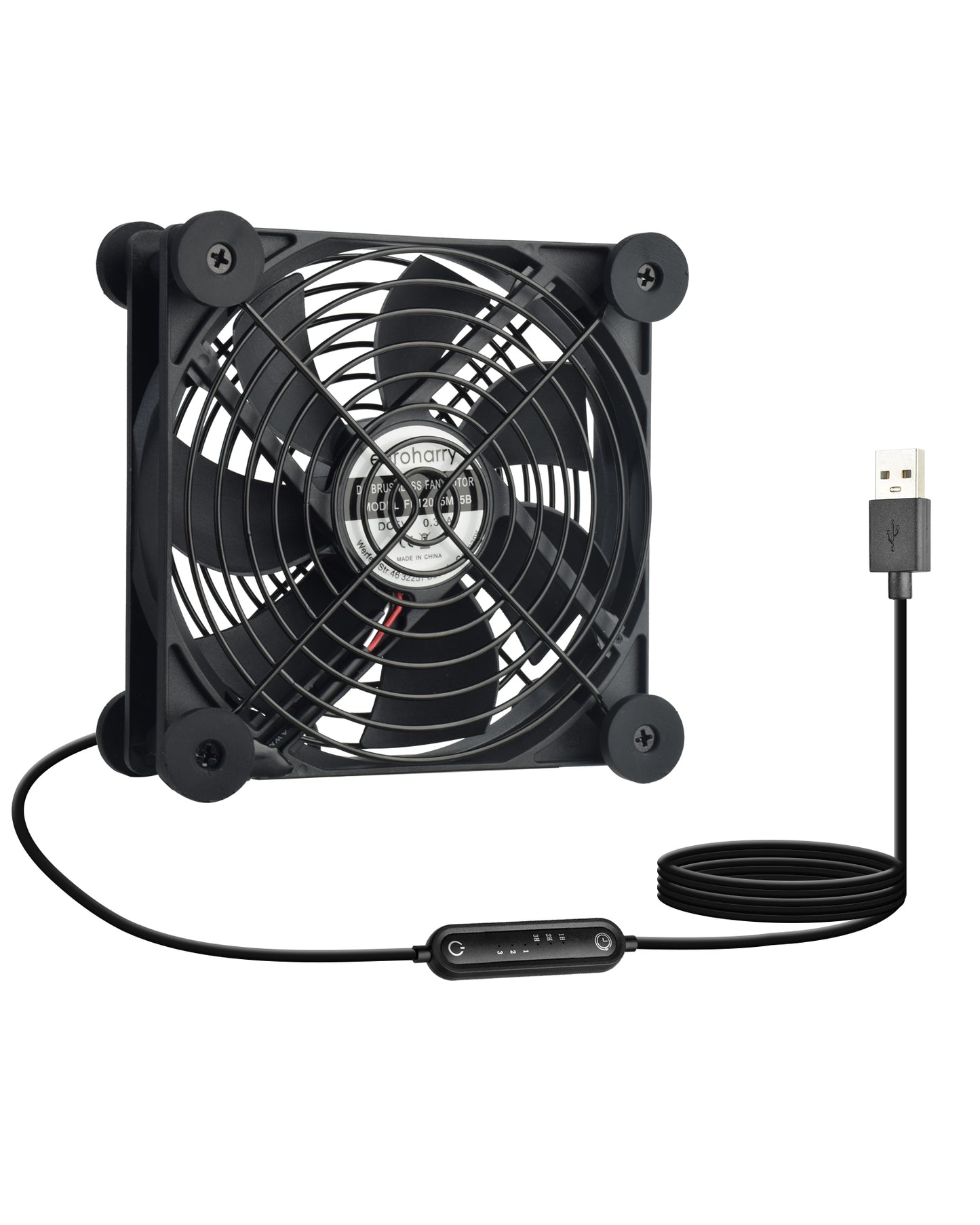 Euroharry USB 120mm leiser Ventilator, 6-Windgeschwindigkeiten und Smart Timing Controller, Motor Moisture Resistant (IPX5) Staubdicht, Breitspannungs-kompatible 5-12V Geeignet für elektronische Geräte, Haustiernester, Pflanzenräume