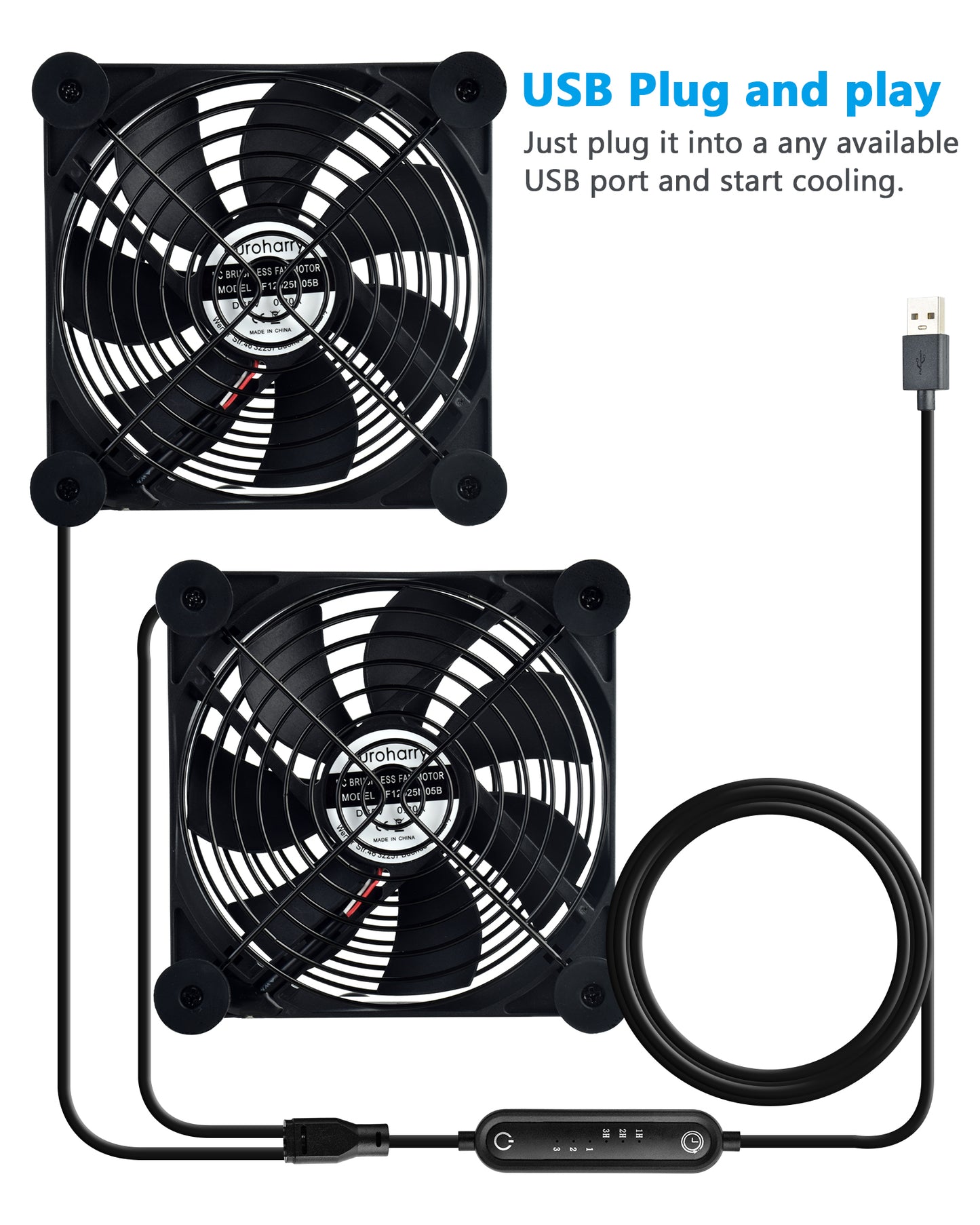 Euroharry USB 120mm leiser Ventilator, 6-Windgeschwindigkeiten und Smart Timing Controller, Motor Moisture Resistant (IPX5) Staubdicht, Breitspannungs-kompatible 5-12V Geeignet für elektronische Geräte, Haustiernester, Pflanzenräume