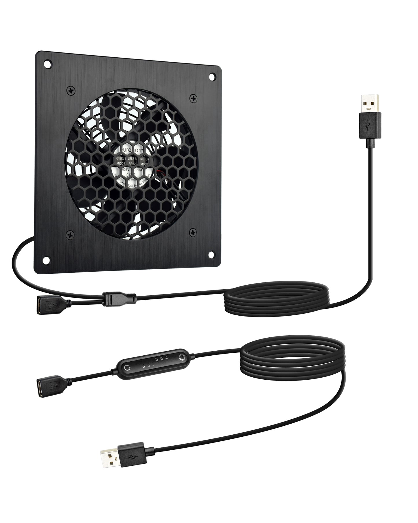 Euroharry USB 120mm leiser Ventilator, 6 Windgeschwindigkeiten und Smart Timing Controller, Motor Moisture Resistant (IPX5) Staubbeständig, Breitspannungs-kompatibel 5-12V mit modernen gebürsteten schwarzen Aluminiumrahmen, Geeignet