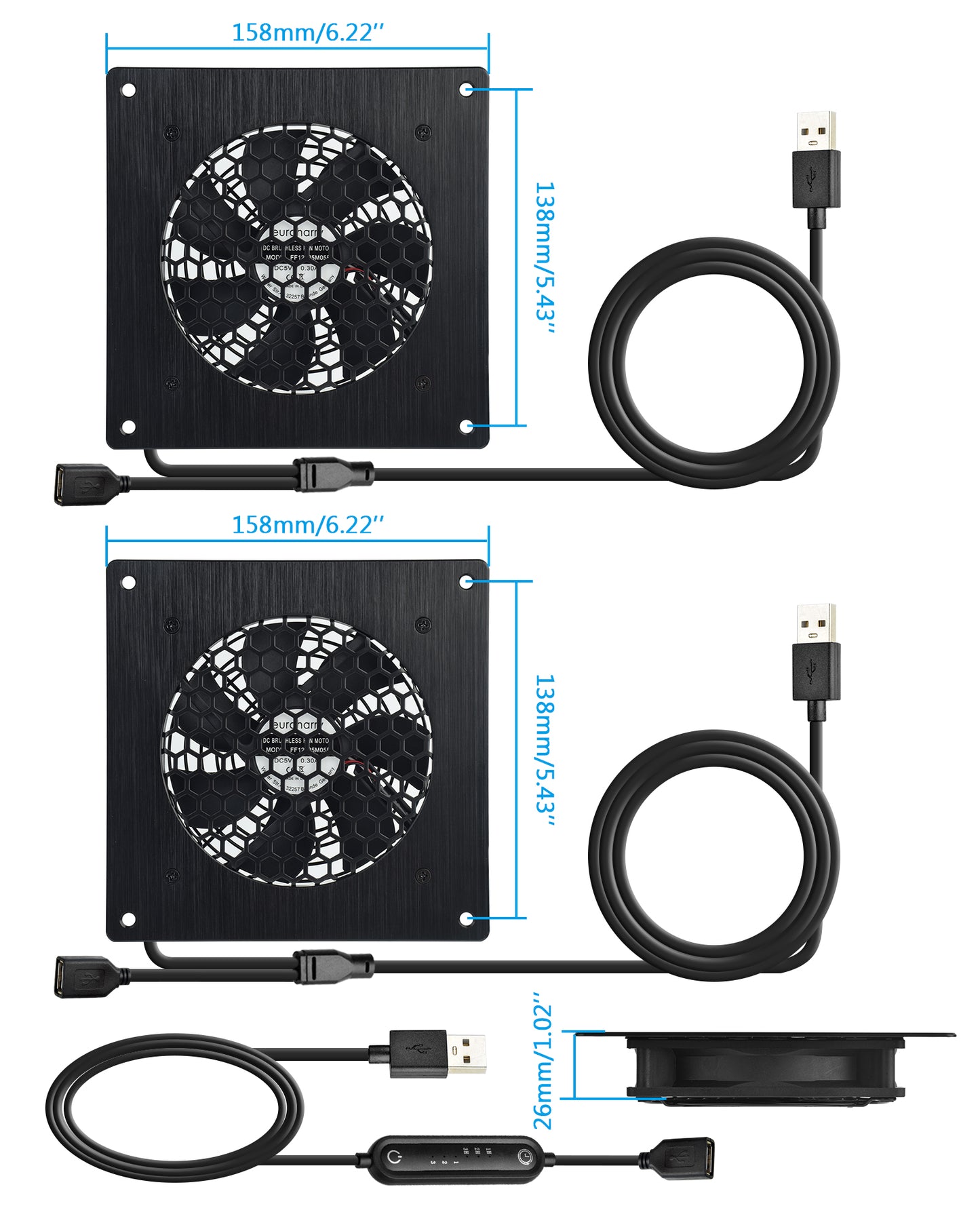 Euroharry USB 120mm leiser Ventilator, 6 Windgeschwindigkeiten und Smart Timing Controller, Motor Moisture Resistant (IPX5) Staubbeständig, Breitspannungs-kompatibel 5-12V mit modernen gebürsteten schwarzen Aluminiumrahmen, Geeignet