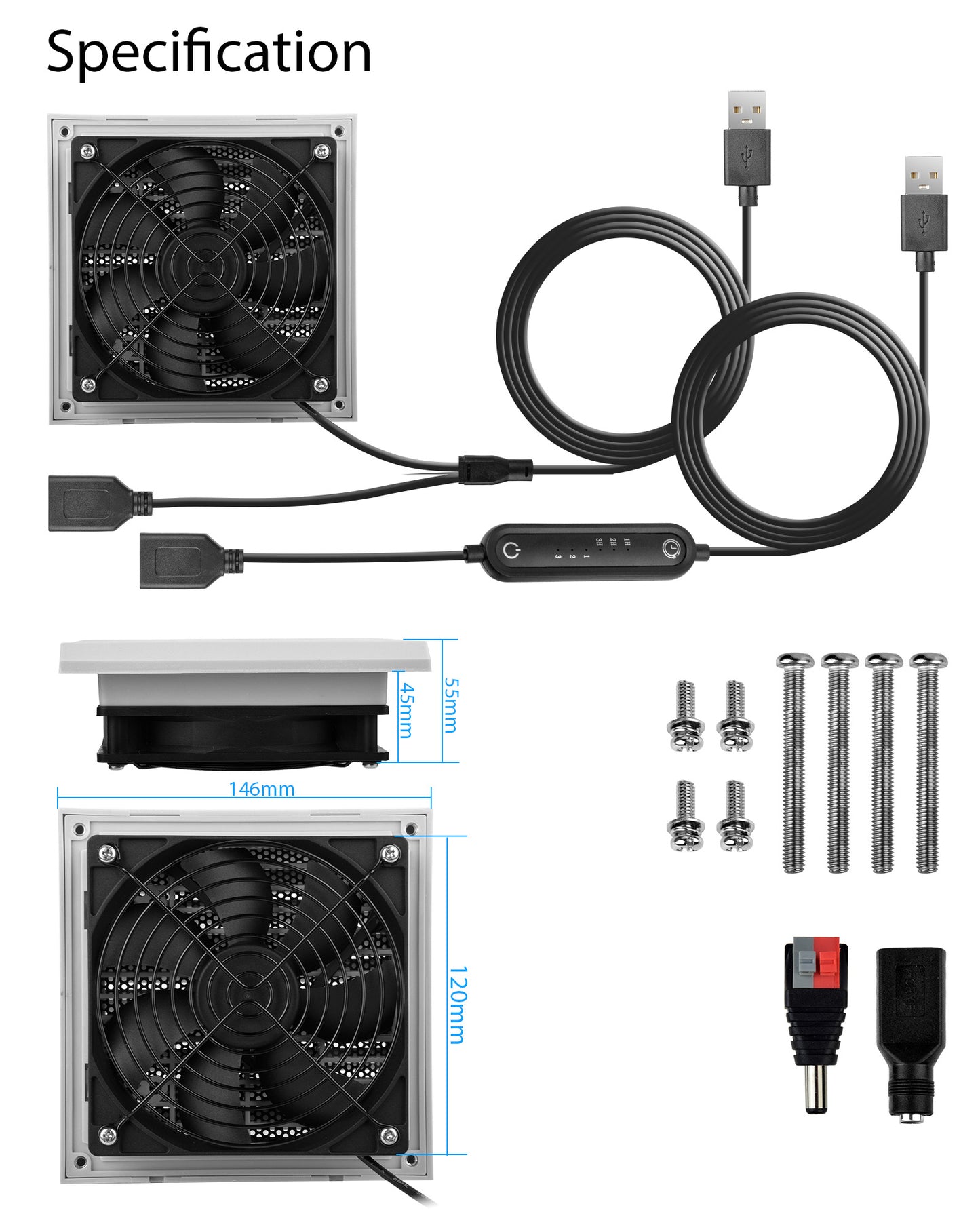 USB 120mm Wohnmobil-Lüftungsventilator , Timer + Geschwindigkeitsregelungssystem, 6 Geschwindigkeitsstufen, IPX5, mit I, 5-12V, geeignet für Wohnmobile, Camper, grau-weiß