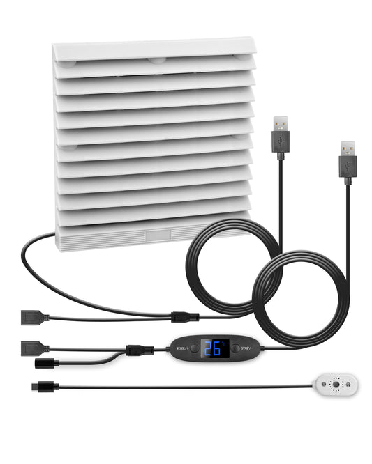 USB 120mm Wohnmobil-Lüftungsventilator, Digitalanzeige temperaturgesteuertes leises Lüftersystem, 10 Geschwindigkeitsstufen, IPX5 , Spannung 5-12V, für Wohnmobile, Camper, grau-weiß