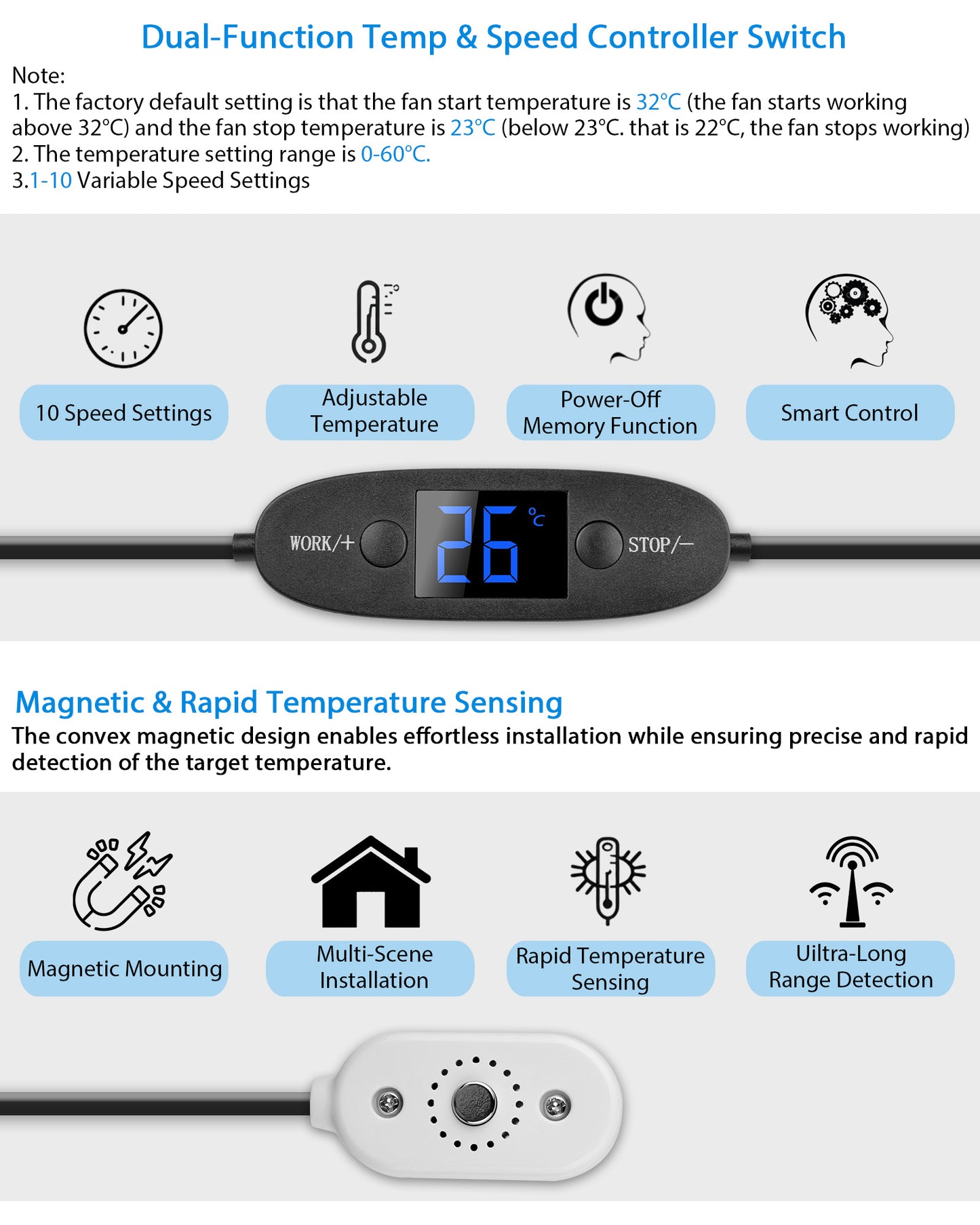 USB 120mm Wohnmobil-Lüftungsventilator, Digitalanzeige temperaturgesteuertes leises Lüftersystem, 10 Geschwindigkeitsstufen, IPX5 , Spannung 5-12V, für Wohnmobile, Camper, grau-weiß