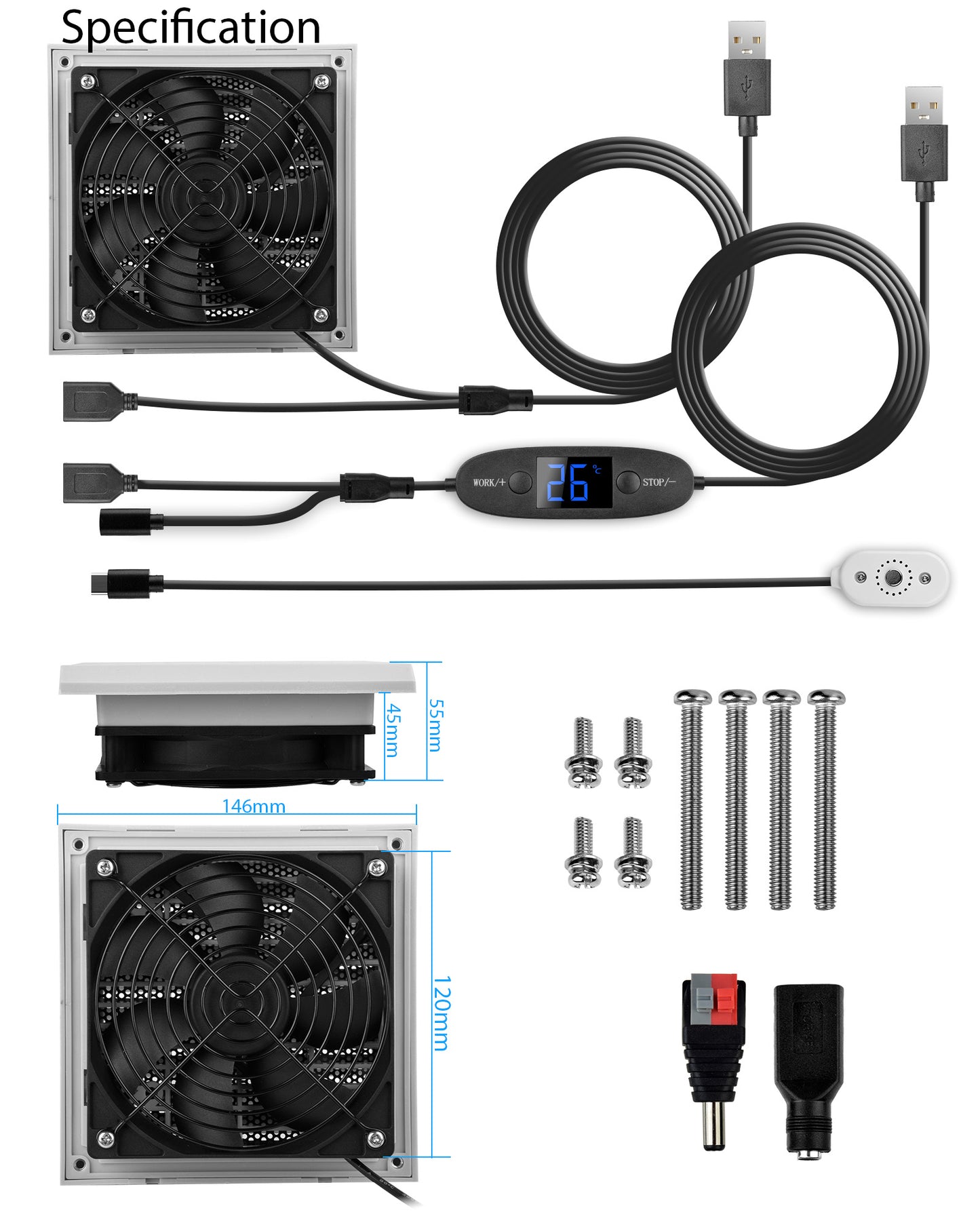 USB 120mm Wohnmobil-Lüftungsventilator, Digitalanzeige temperaturgesteuertes leises Lüftersystem, 10 Geschwindigkeitsstufen, IPX5 , Spannung 5-12V, für Wohnmobile, Camper, grau-weiß