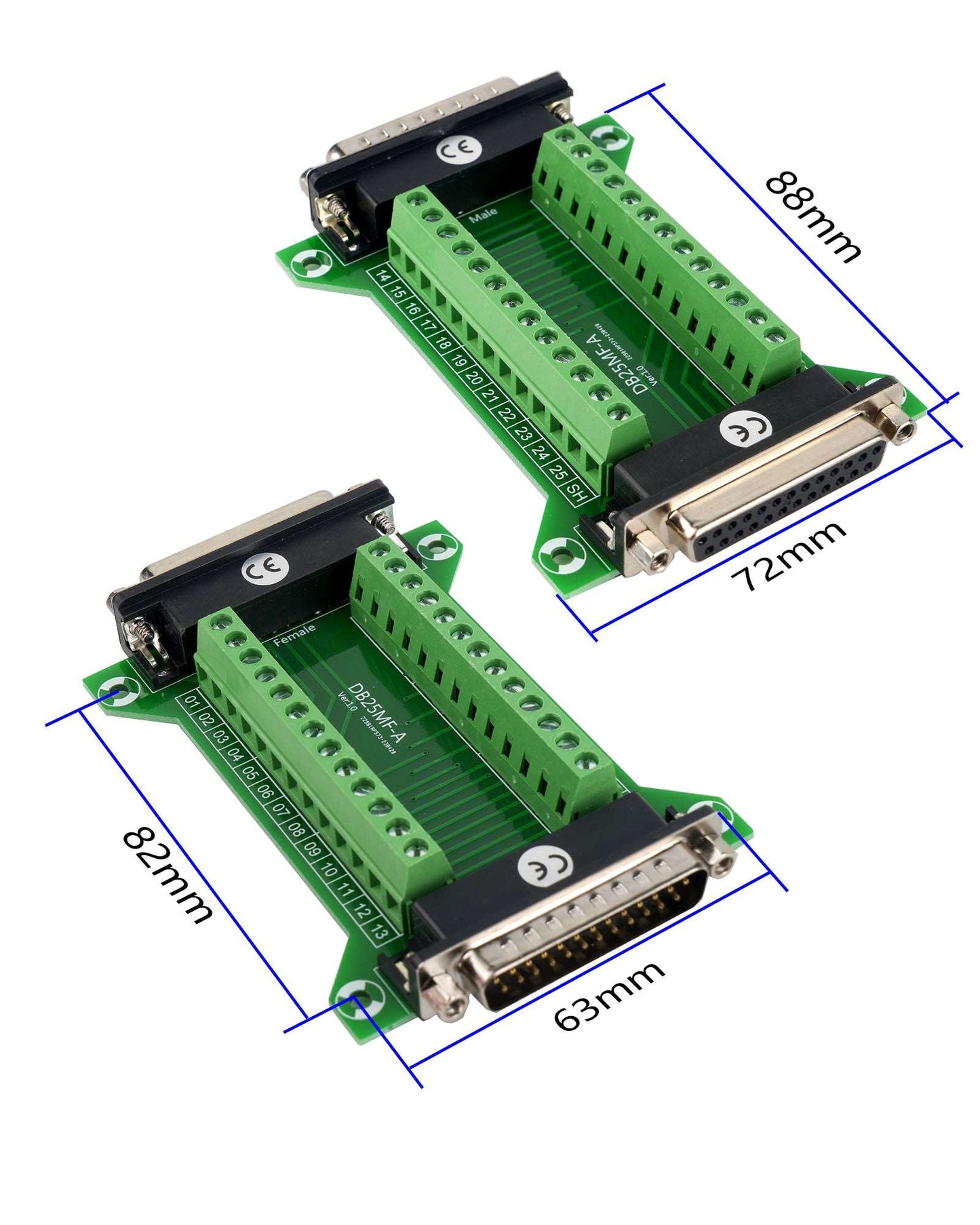 D-SUB DB25 Stecker auf Buchse 25-poliger Stecker Breakout zu Leiterplattenklemmen Steckverbinder