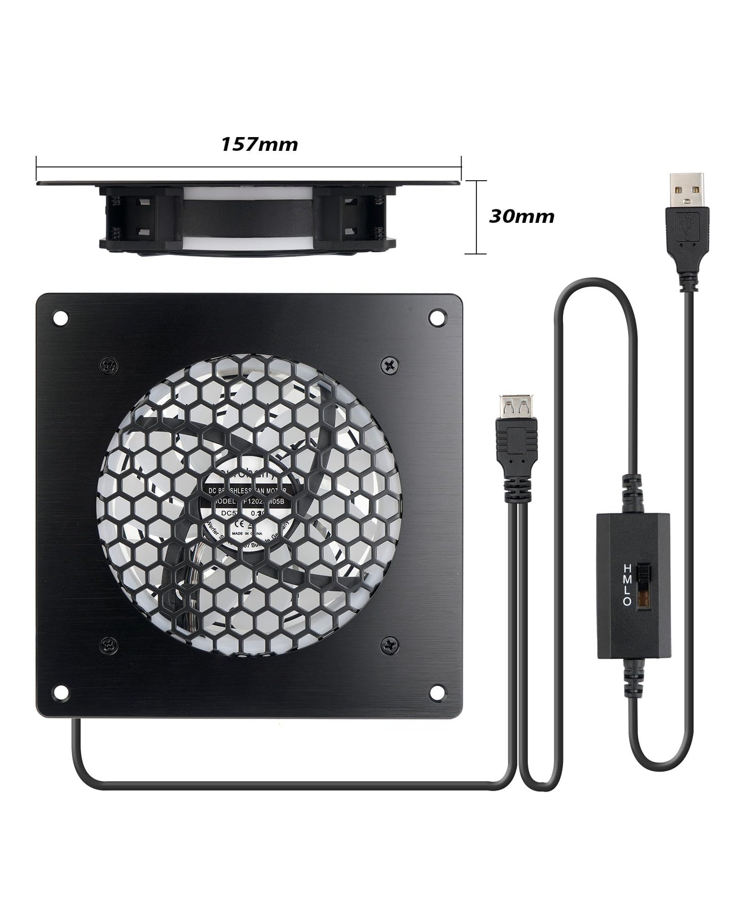 USB-Lüfter-LED, 120-mm-Lüfter, Bunte LED, mit 3-stufig einstellbarem 5V / 0,3A USB-Lüfter, mit einem modernen Rahmen aus gebürstetem schwarzem Aluminium