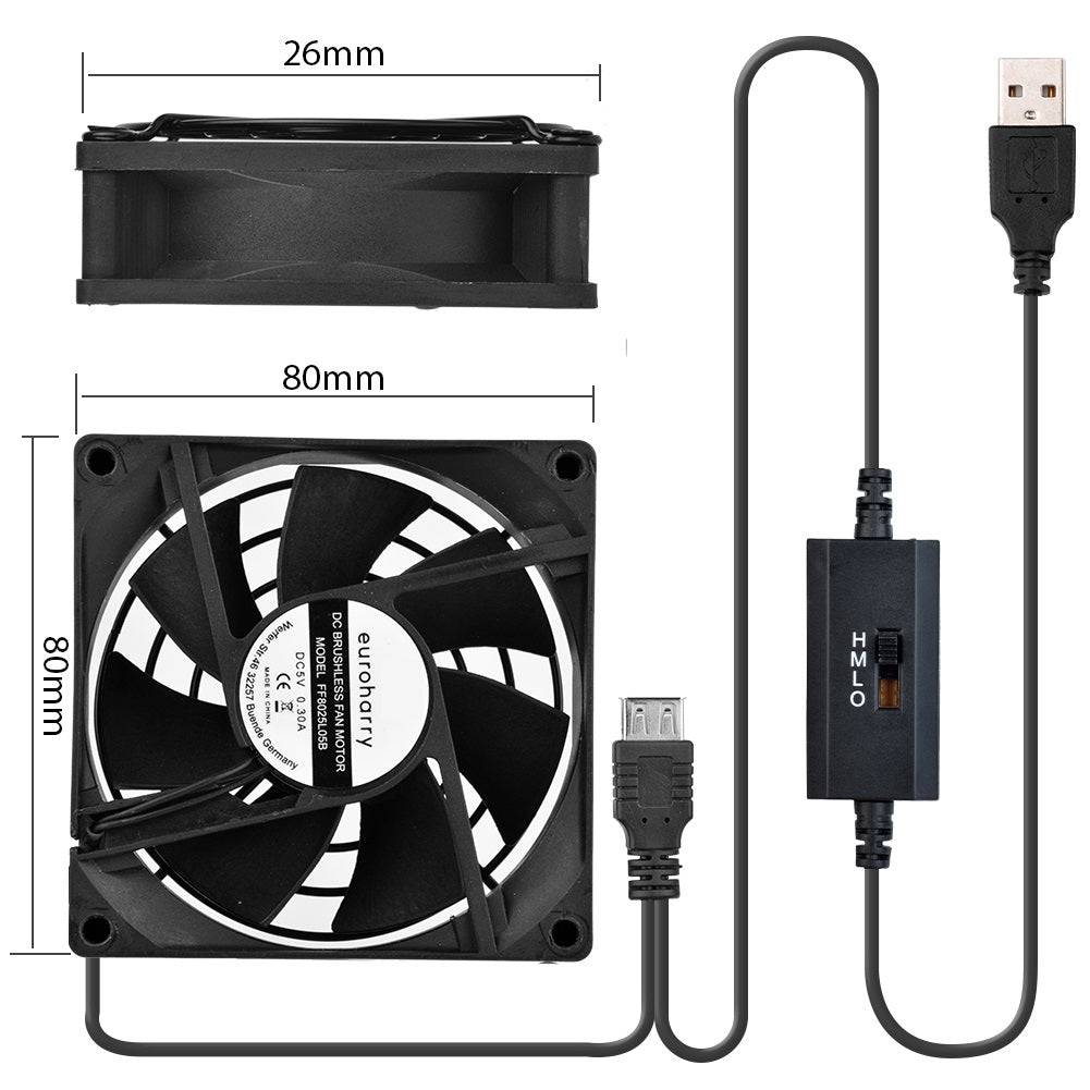 USB Ventilator,80MM Lüfter,Mit 3-Gang verstellbarem 5V/0.3A USB-Lüfter,mit einer modernen gebürsteten schwarzen Aluminiumrahmen,für Heimkino-AV-Schrank-Kühlung - Euroharry GmbH