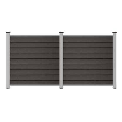 Gray WPC fence panels with aluminum starter strip and top bar, durable PE material from Euroharry GmbH.