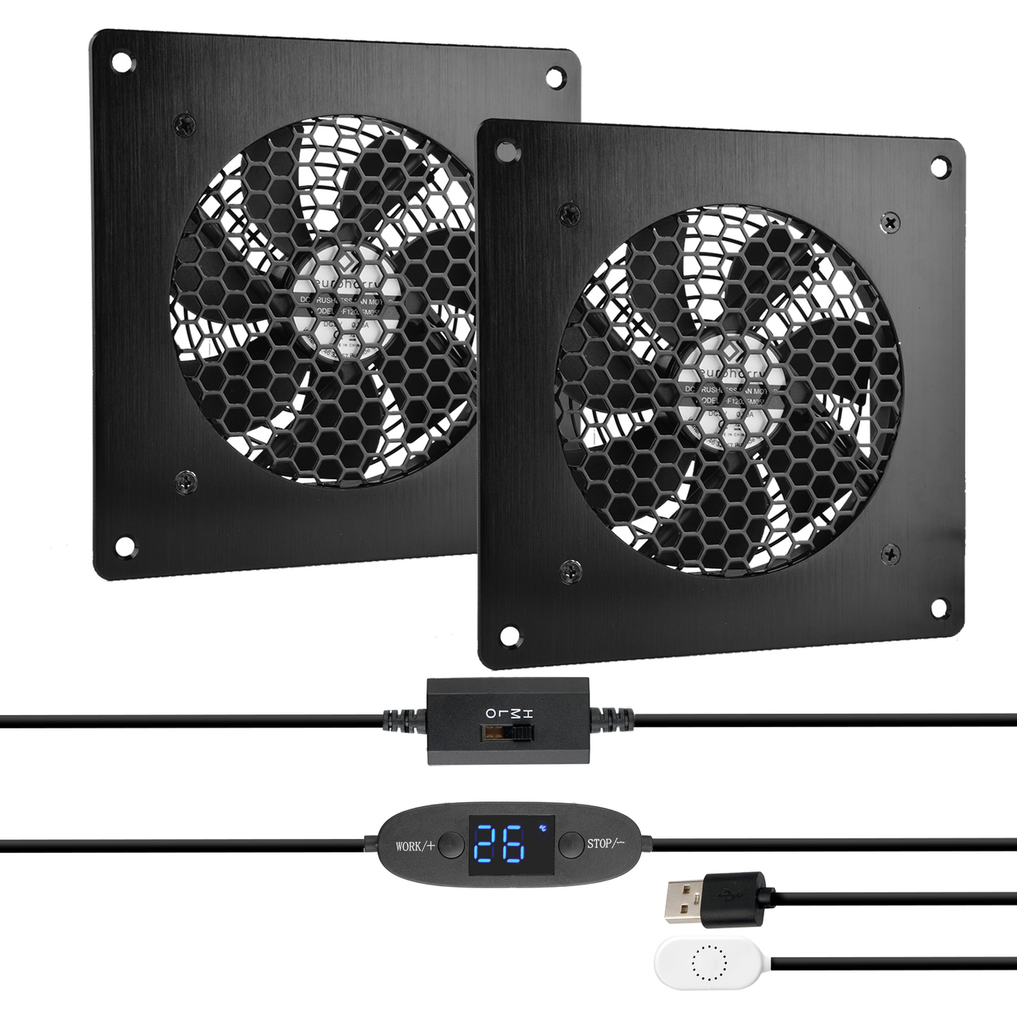 Digitalanzeige temperaturgesteuertes leises Lüftersystem, USB-Lüfter, 5V-Lüfter mit modernem gebürstetem schwarzem Aluminiumrahmen für Heimkino-AV-Schränke (euroharry)