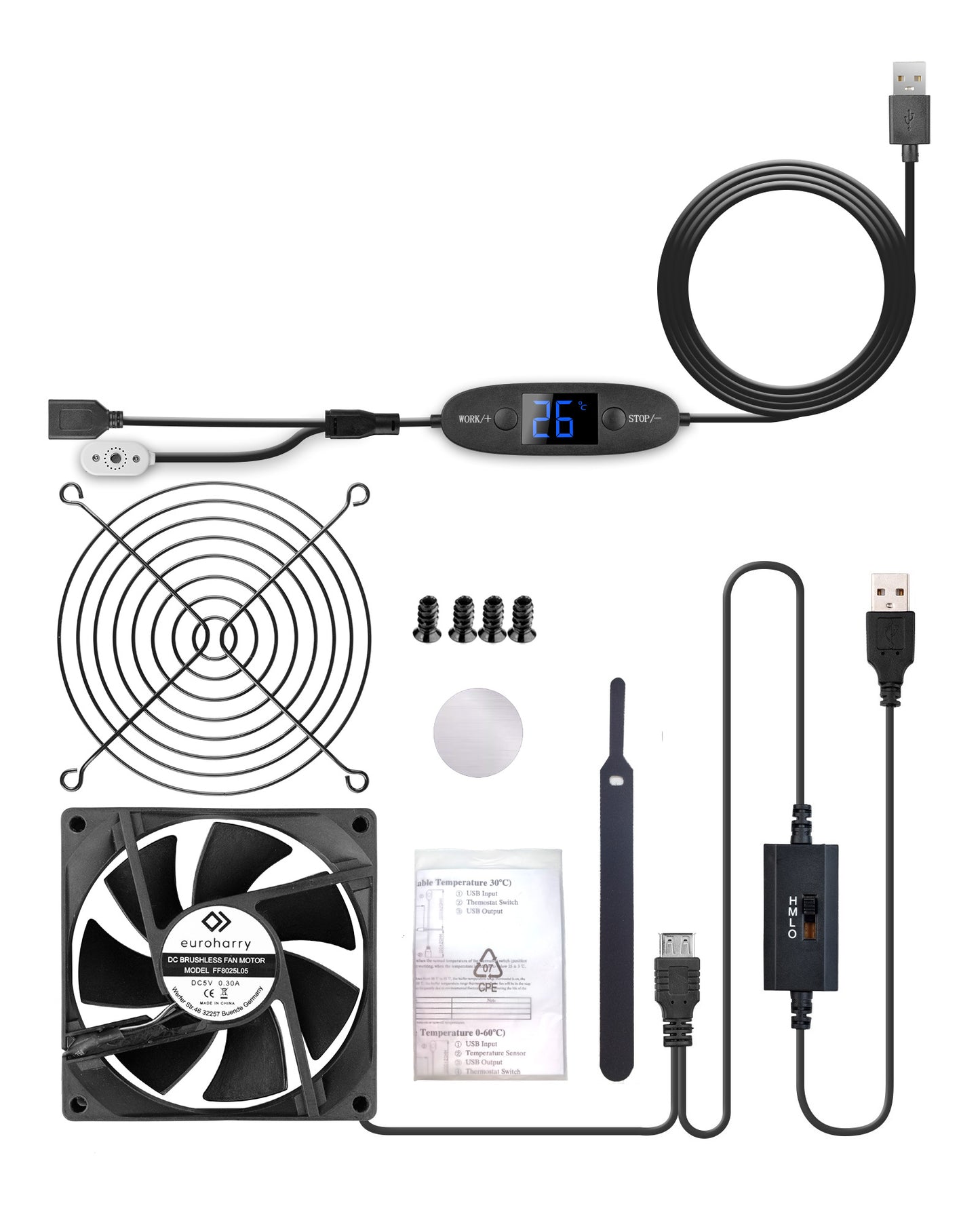 Euroharry USB 5V-Lüfter mit Digitalanzeige temperaturgesteuertes leises Lüftersystem, schwarzem für Heimkino-AV-Schränke